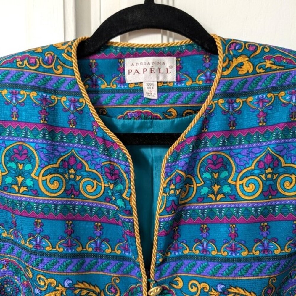 NWOT Vintage Adrianna Papell 100% Silk Colorful Baroque Boxy Cropped Blazer 12 - Picture 2 of 5